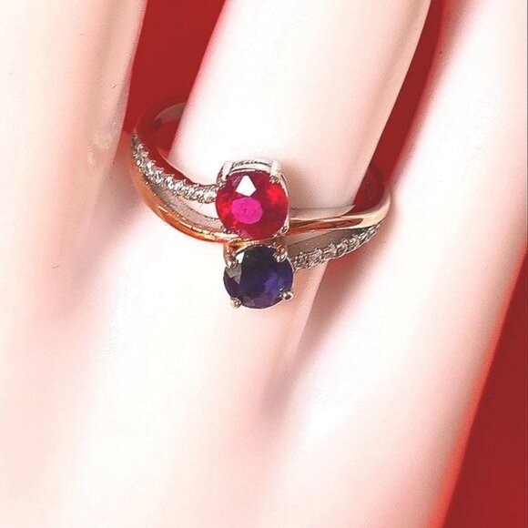 Natural Sapphire & Ruby 14K Gold Plate on 925 Sterling Silver Ring Sz 6.5 - Picture 5 of 6